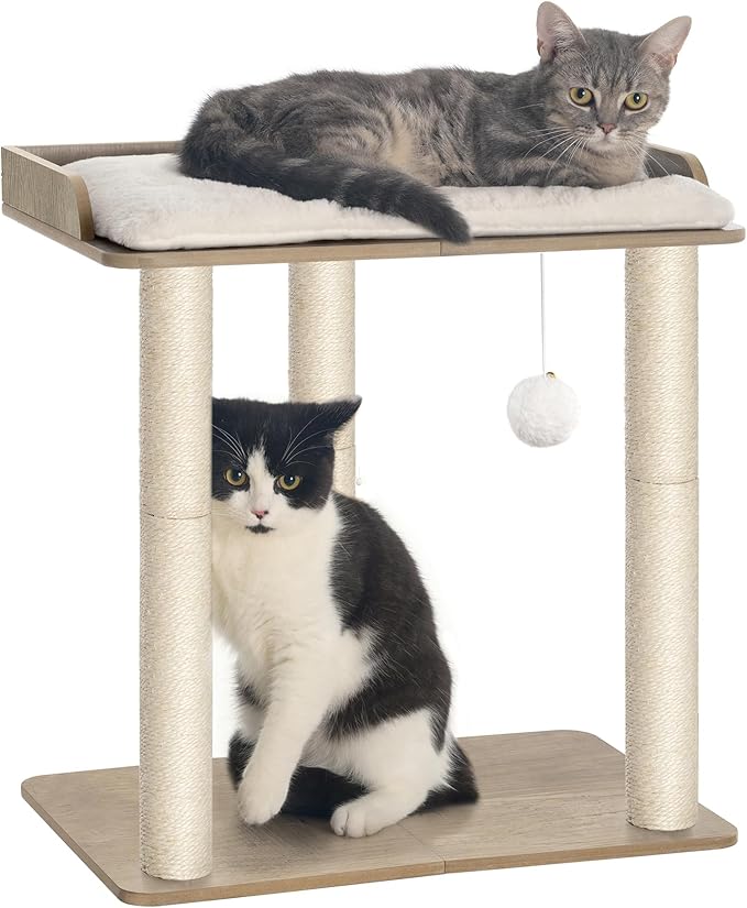 FourFurPets 22in Cat Tree Tower Condo, Cat Scratch Posts for Indoor Cats, Big Plate, Three 23.6in Full Sisal Scratching Posts, Greige-Mewly Pet