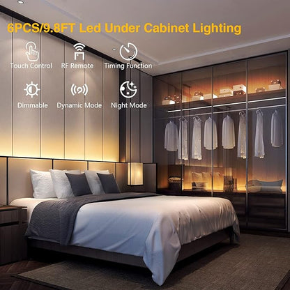 DAYBETTER Under Cabinet Lighting kit, 6 PCS LED Strip Lights with Remote, Dimmer and Adapter, Dimmable for Kitchen Cabinet,Counter,TV Back,Showcase 2700K-6500K Warm to Daylight White, Timing, 20ft