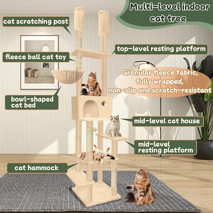96.5"-108" Cat Tree Floor to Ceiling 7-Tier Cat Tower Adjustable Height with Scratching Posts, Cozy Hammock, Cat Condo for Indoor Cats(Beige)-Mewly Pet