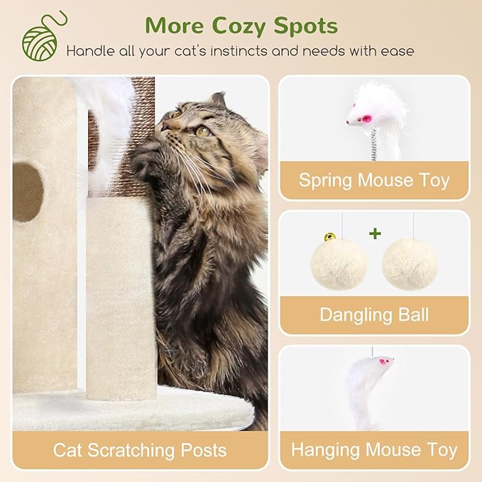 Globlazer Cat Tree Tower for Indoor Cats, 50-inch Adult Cat Tree House for Large Adult Cats with Steps, Scratching Post, 2 Cat Caves, Dangling Toys, FC50, Beige-Mewly Pet