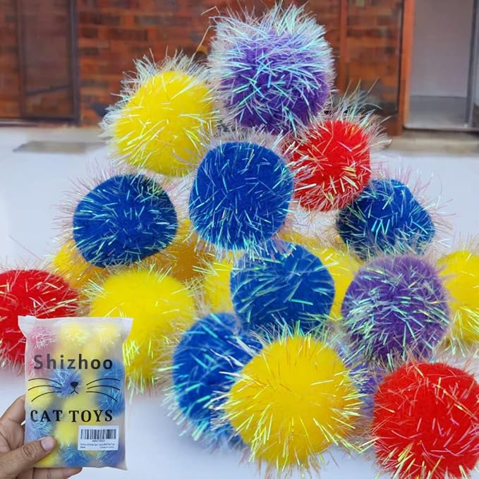 20 Pieces 2 inches Sparkle Pom Pom Balls for Cat - Interactive Glitter Balls, Multicolor, Best as Kitten Play Toys-Mewly Pet