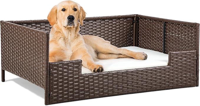 YITAHOME Rattan Dog Sofa Bed with Cushion,Wicker Pet Bed Sofa Couch Indoor Outdoor Waterproof for Large Medium Small Dogs Cats (38.6''L*26.4''W*15''H,Beige)-Mewly Pet