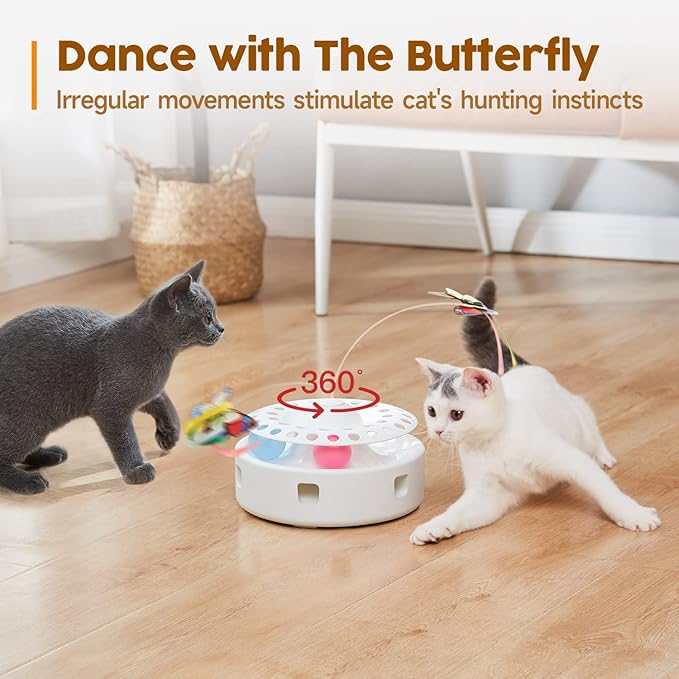 Potaroma Cat Toys 3in1 Automatic Interactive Kitten Toy, Fluttering Butterfly, Moving Feather, Track Balls, Dual Power Supplies, USB Powered, Indoor Exercise Kicker (Bright White)-Mewly Pet