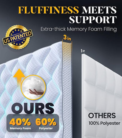 3 Inch Ultra-Fluffy Memory Foam Mattress Topper Full XL for Back Pain, Extra Soft Pillow Top Full XL Mattress Topper with 4X Support, Mattress Pad with Breathable Air Mesh Sides, 6-21'' Deep Pocket