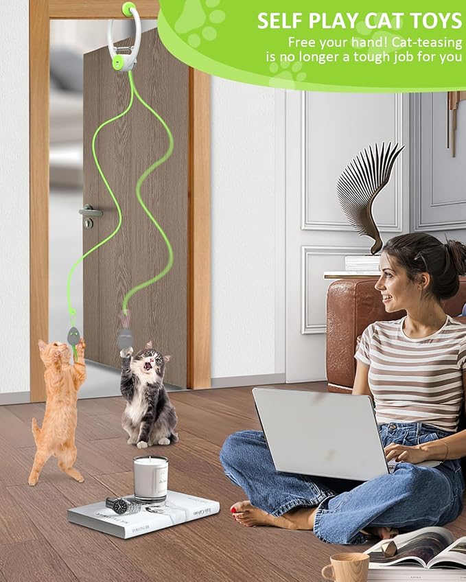 Cat Toy Interactive for Indoor Cats, Smart USB Rechargeable Door Hanging Automatic Retractable Kitten Toys, Teaser Electronic Self Play Feather Cat String Toy Attached with 3 Catnip Mice Green-Mewly Pet