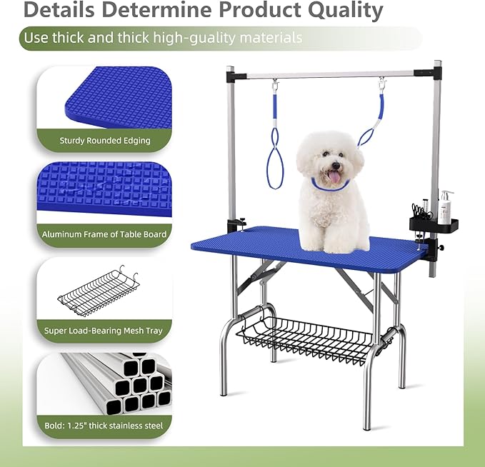 VFK 36''/47''Large Dog Grooming Table, Foldable Pet Station at Home, Dog Grooming Table,Adjustable Cat Drying Desktop with Arms, Nooses, Mesh Tray (Stainless Steel pet Table, 36" Blue)-Mewly Pet