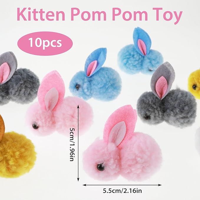 10Pcs Plush Toy Balls, Cute Bunny Shape Kitten Pompom Soft 5.5cm/2.16in Puff Ball Indoor Fun Colorful Cat Ball Toy Pom Pom Balls for Pet-Mewly Pet