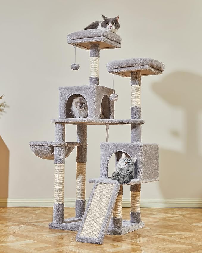 Taoqimiao 56.3-Inch Cat Tree, Cat Tower with Scratching Posts, Cat Tree House for Indoor Cats with hammocks, Toys, Condo and Large Scratch Board, Light Gray MS012W-Mewly Pet