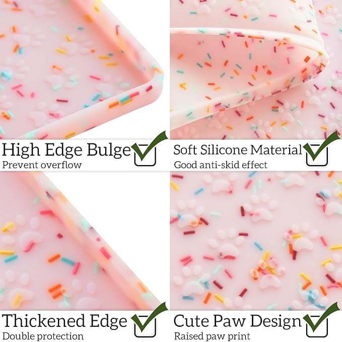 Ptlom Dog Food Mat Anti-Slip Dog Bowl Mats for Food and Water, Waterproof Pet Placemat Prevents Messy Spill to Floor, Silicone Puppy Feeding Tray for Small, Medium and Large Dogs Cats, Pink-Mewly Pet