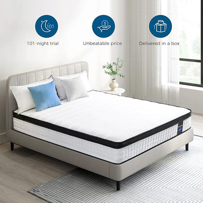 Inofia 10 Inch Queen Hybrid Double Mattress in a Box - Medium Firm, Memory Foam & Pocket Springs, Fiberglass Free, Motion Isolation, Pressure Relief, Edge Support, 10-Year Support, CertiPUR-US