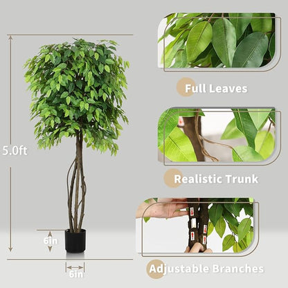 Faux Ficus Tree 5ft(60in) Artificial Floor Plant for Indoor Decor Realistic Potted Tree with Texture Silk Leaves and Natural Wood Trunk for Home Living Room,Office Perfect Housewarming Gift