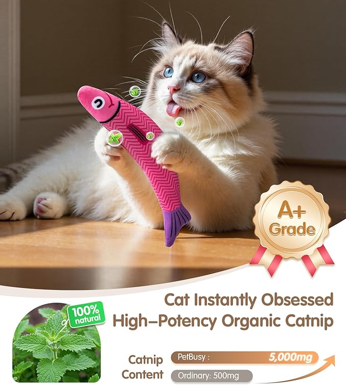 Interactive Cat Toys with[5000mg Premium A+Catnip][Baby Grade] Soft Chew Kicker Cat Toys for Indoor Cats & Kittens, Crinkle &Rattle Fish Sound Toy, Drives Bored Cats Crazy with Fun,3 Pack-Mewly Pet