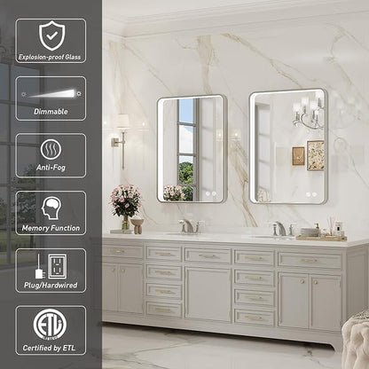 LED Bathroom Mirror with Lights,24x32 Inch Brushed Silver Framed Lighted Vanity Mirror,Anti Fog Stepless Dimmable Wall Mounted(Horizontal/Vertical)