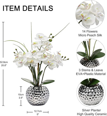Oairse Artificial White Phalaenopsis Orchid Flower Arrangements 20.8" Faux Orchid Flower in Silver Pot Orchid Centerpiece for Dining Room Table