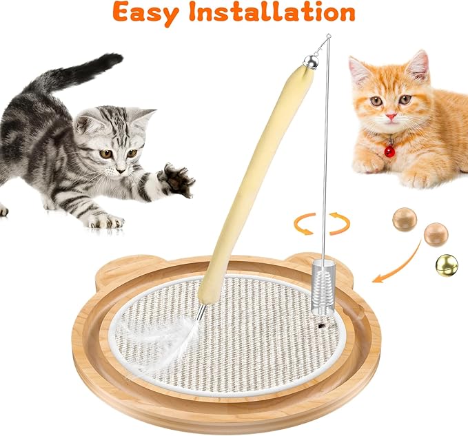 3-in-1 Cat Toys, Scratcher, Toys for Indoor Cats, Natural Sisal Scratching Board, Kitten Interactive with Ball Track & Retractable Wand Toy & Feather-Mewly Pet