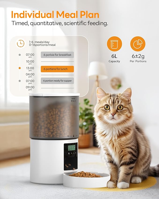 Automatic Cat Feeder Food Dispenser: 6L Timed Small Dog Dry Food Dispenser with 10s Voice - Distributeur Nourriture Chat Hund Programmable - Auto Pet Feeder with 1-6 Meals White-Mewly Pet