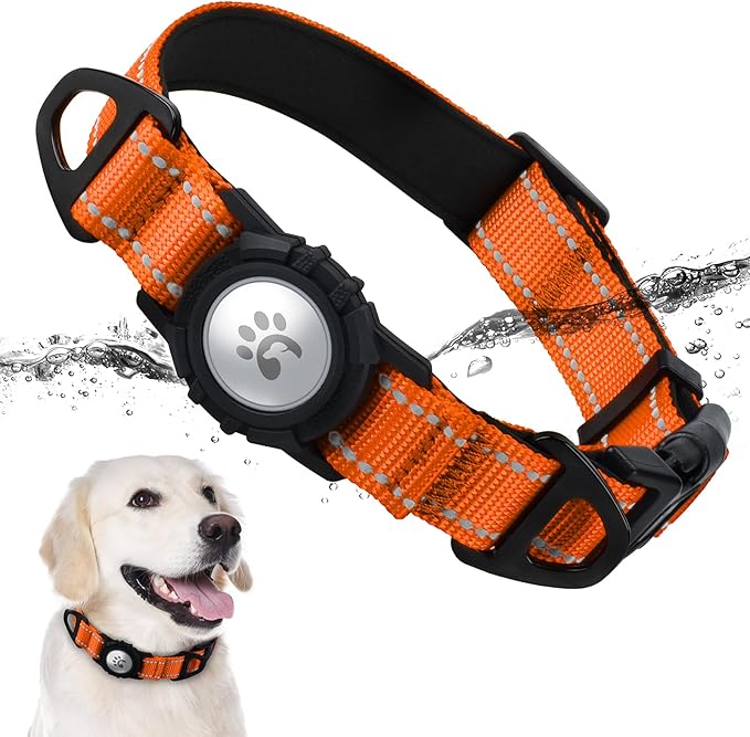 TagME Airtag Dog Collar,Waterproof Reflective Pet Collar with Airtag Holder,Soft Padded and Double D-Rings for Large Dogs,Orange-Mewly Pet