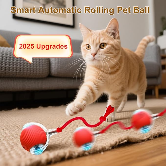 Interactive Cat Toy, 2025 New Interactive Rolling Cats Dog Toy Balls 360° Smart Automatic Rolling Pet Ball, Fast Moving Toy for Dog,Cat Ball Toy (Red)-Mewly Pet