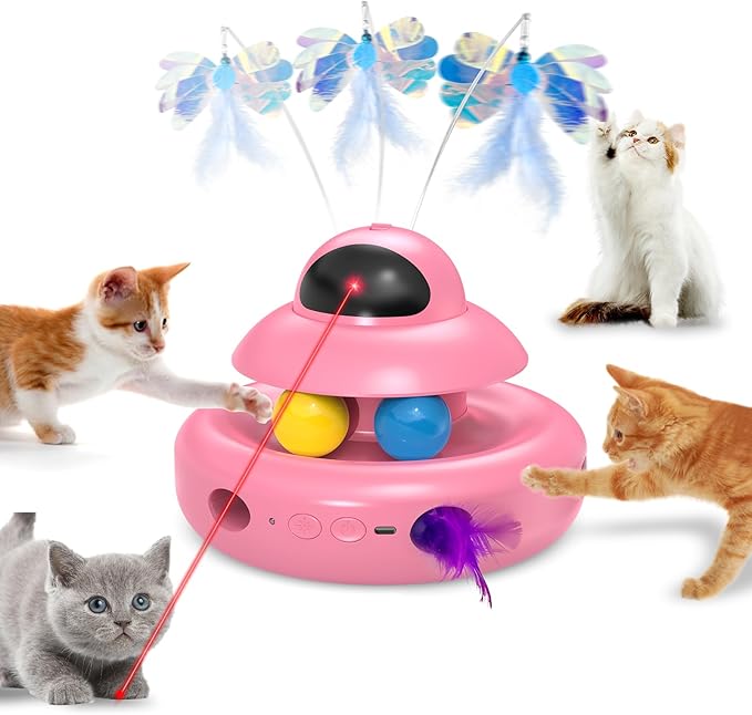 Automatic Cat Toys,4-in-1 InteractiveCat Toys for Bored Indoor Adult Cats, Electric Flying Butterfly,Rechargeable Moving Ambush Feather,Pink Kitter Toy Track Balls-Mewly Pet