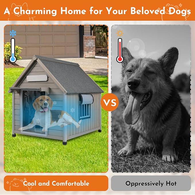 Outdoor Dog House Weatherproof Large Wooden Dog Kennel Indoor for Small Dogs with Chew-Proof Frame, Oxford Fabric Window, Removable Floor Pet Shelter (Grey, 30.5" D x 37.4" W x 39.3" H)-Mewly Pet