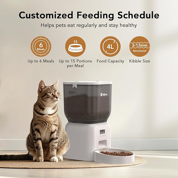Automatic Dog & Cat Feeder, with Freshness Preservation, 4L Timed Cat Feeder with LCD Screen.Up to 6 Meals Per Day and 1-15 Portion for Cats & Dog (White)-Mewly Pet