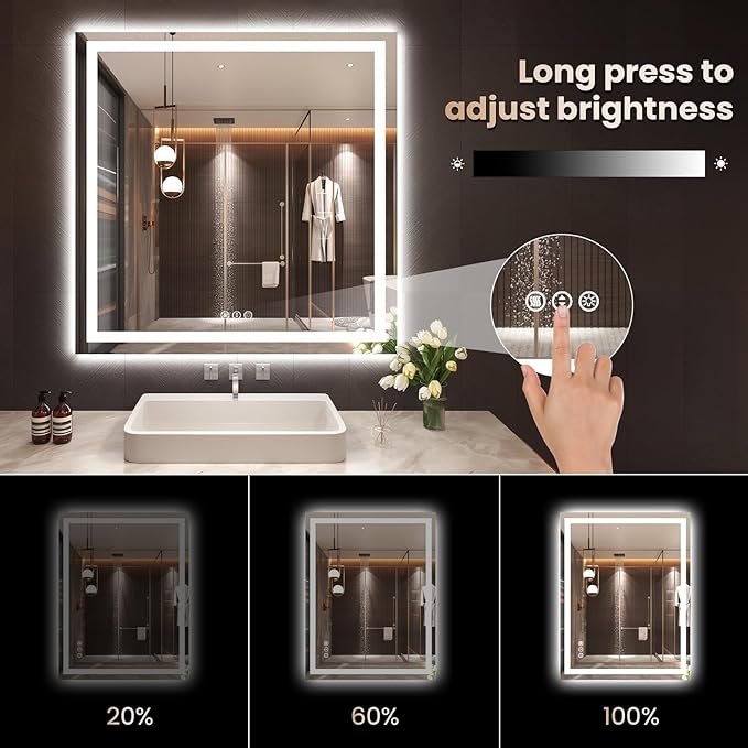 36"X36" LED Bathroom Mirror with Front Lights and Backlit, Anti-Fog, Dimmable, Shatter-Proof Tempered Glass, Lighted Bathroom Vanity Mirror for Wall with 3 Colors, Memory Function