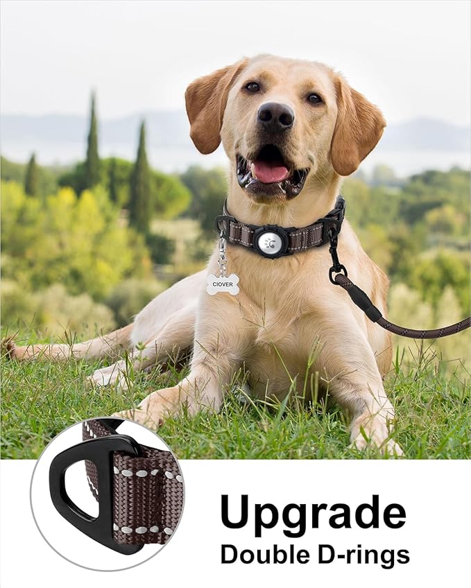 TagME Airtag Dog Collar,Waterproof Reflective Pet Collar with Airtag Holder,Soft Padded and Double D-Rings for Large Dogs,Brown-Mewly Pet