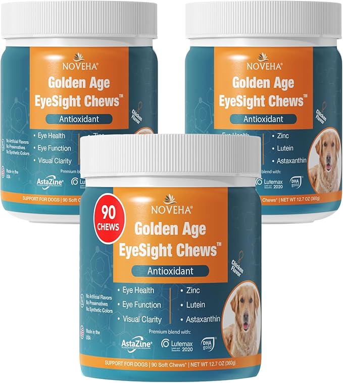 NOVEHA Eye Supplement for Dogs - Vision Support with Lutein + Vitamin C & Astaxanthin Antioxidants - Dog Vitamins for Eyes + Fish Oil for Omega 3 EPA - Made in USA - 90 Soft Chews (3 Pack)-Mewly Pet