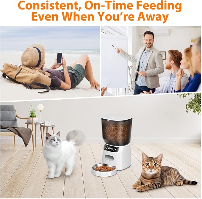 Automatic Cat Feeder, Cat Food Dispenser with Stainless Steel Bowl, Timed Portion Control 20 Portions 6 Meals Per Day, Voice Recorder, Dual Power Supply for Small Dogs (White)-Mewly Pet