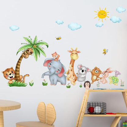 Jungle Animal Wall Stickers Forest Safari Wall Decals Kid Room Nursery Baby Bedroom Décor (Happy Queuing Animals)