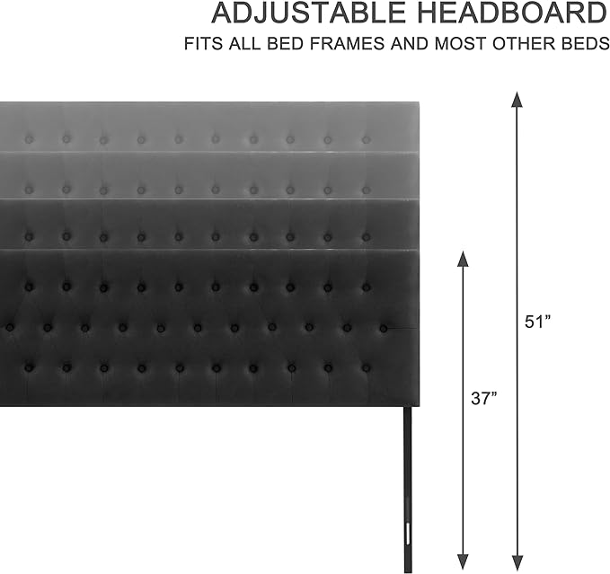Tufted Upholstered Headboard King Size, Solid Wood Head Board with Durable Metal Legs, Adjustable Height Bed headboard from 37” to 51” Fabric Headboard in Modern Button Design (Black)
