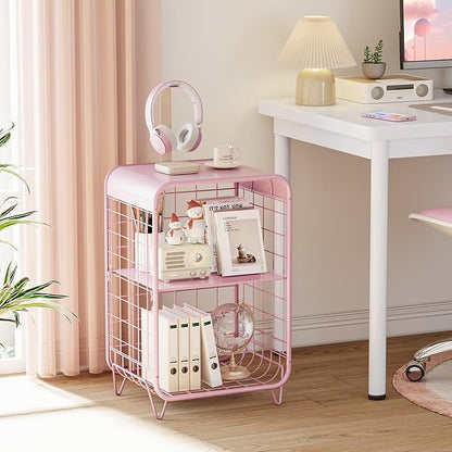 APEXCHASER Cute Kids Pink Nightstand,Metal Side Table,3 Tier End Table with Storage,Vintage Bedside Table,Girls Bedroom Furniture for Living Room,Bedroom,Dorm