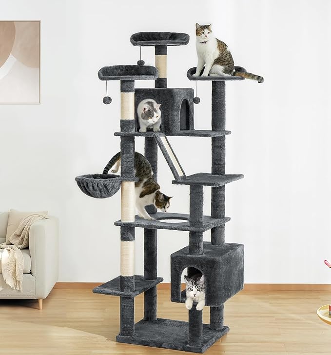 Made4Pets Tall Cat Tree, 80" Cat Tree Tower for Indoor Cats Large Adult, Modern Cat Tower with Scratching Post, Cozy Hammock, 3 Perches and 2 Condos, Sturdy and Fluffy, Dark Gray-Mewly Pet