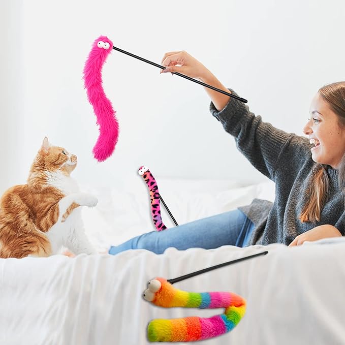 3 Pack Cat Wand Toy, Rainbow Cat Feather Toys with Bells, Teaser Wand with Soft Furry Tail, Interactive Toys for Indoor Cats & Kitten & Kitty-Mewly Pet