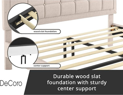 Decoro Mornington Upholstered 2.0 Platform Bed, Button-Tufted Fabric Headboard and Metal Frame with Wood Slat Support, Linen, Queen