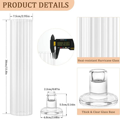Hurricane Candle Holder Thickened Ribbed Cylinder Covers Taper Candle Sticks Holder Glass Tall Candlesticks Holders Centerpiece for Wedding Dining Table, 4 Pcs
