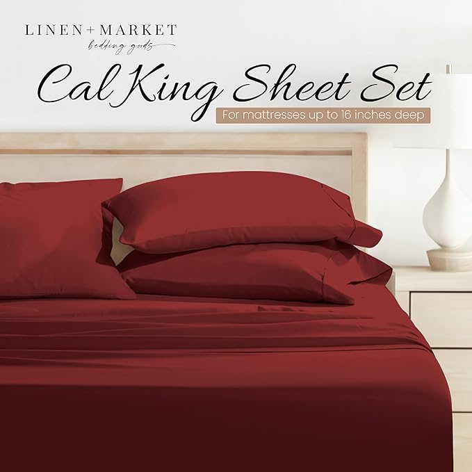 Linen Market Double-Brushed Microfiber California King Sheet Set 4 Piece – Oeko-TEX Certified Ultra Soft & Wrinkle-Free - 16" Deep Pocket Sheets Easy Care Cal-King Size - Burgundy