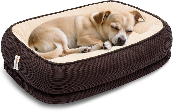 Orthopedic Dog Bed Small Washable, Egg Crate Foam Cat Bed for Senior Cat,Oval Kennel Bed, Pet Couch Bed with Four Sided Bolster, Removable Washable Cover Non-Slip Bottom, Brown-Mewly Pet