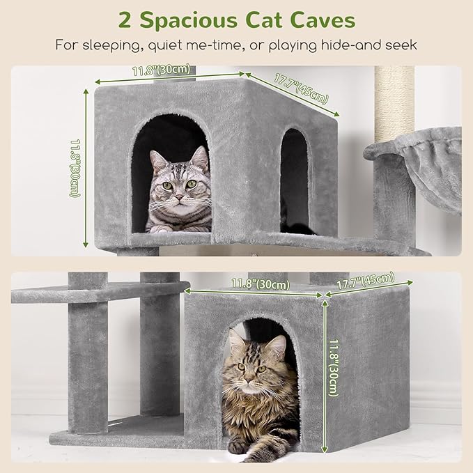 Globlazer Tall Cat Tower, 76 inch Multiple Level Cat Climbers for Indoor Cats, XL Cat Tree with 5 Scratching Posts, 2 Cat Condos, Hammock, 2 Hanging Baskets, F76B, Light Grey-Mewly Pet