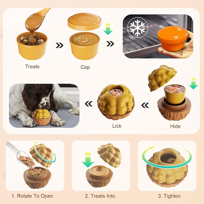 Dog Frozen Treats Toy, Cognitive Dogs Brain Stimulation Toys for Aggressive Chewers, Interactive Dispensing Toy Enrichment Keep Them Busy No-Boredom, Tough Nylon&Coffe Wood Fillable Puzzle Dog Feeder-Mewly Pet