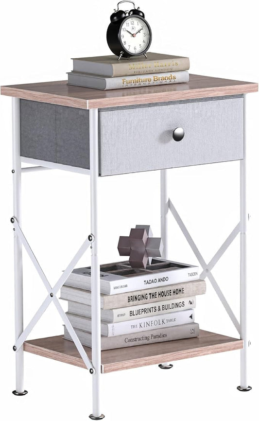 VECELO Nightstand with Drawer, Small Bedside Table with Storage and Adjustable Metal Legs, Wood End Table for Bedroom or Living Room, Perfect for Small Spaces and Modern Farmhouse Décor, Light Brown