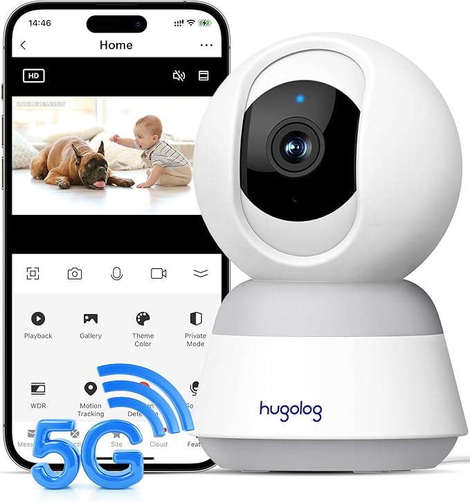 Hugolog 3K 5MP Indoor Pan/Tilt Security Camera with Auto-Focus,2.4 GHZ/5 GHZ,Ideal for Baby Monitor/Pet Camera,Starlight Color Night Vision,Human/Pet AI,Noise Reduction,US Cloud,Works with Alexa-Mewly Pet