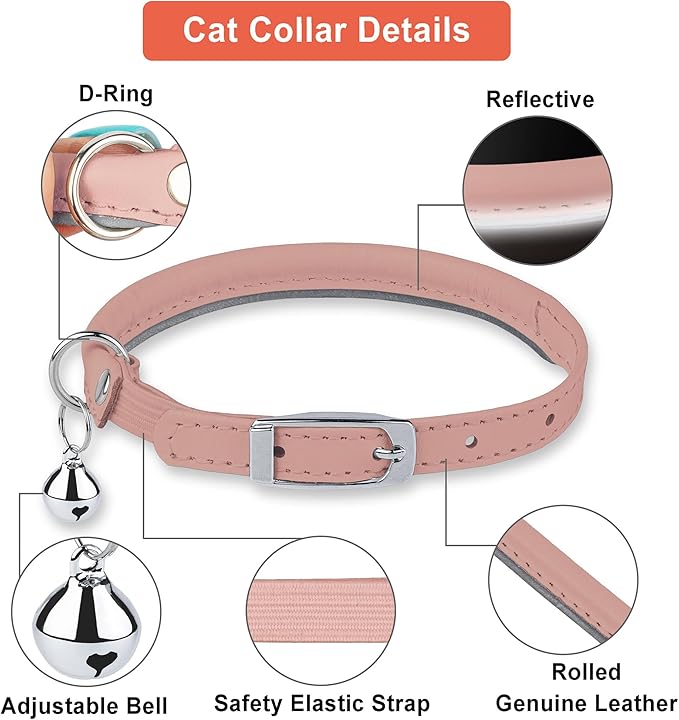 OOPSDOGGY Rolled Leather Cat Collar with Bell, Reflective Kitten Collars with Buckle Include Safety Elastic Strap - Adjustable Small Pet Collars for Boy Girl Cats (Blush)-Mewly Pet