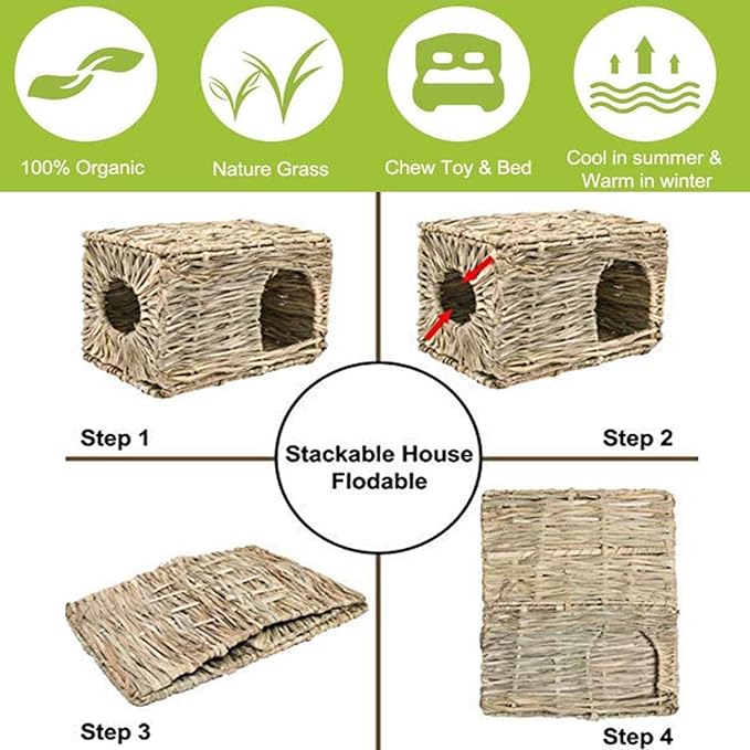 kathson 2 Pcs Large Rabbit Grass House Natural Foldable Hand Woven Seagrass Bed Carrot Hay Toy Hut Safe Comfortable Playhouse with Bunny Chew Toys for Bunny Hamster Guinea Pig Chinchilla Ferret-Mewly Pet