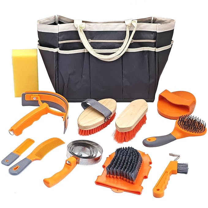 Horse Grooming Kit, Horse Grooming Supplies Includes 12 Horse Hair Care Tools Such as Handbag, Horse Brush, Horse Comb, Hoof Pick, Sweat Scraper, Etc., Suitable Gifts for Horse Riding Enthusiasts-Mewly Pet
