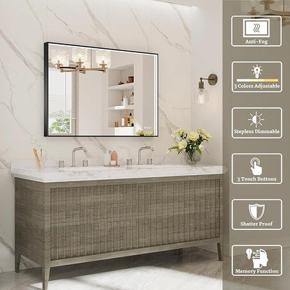 40x28 Inch LED Bathroom Mirror, Black Metal Framed Lighted Mirror for Bathroom, Wall Mouted LED Vanity Mirror with Lights, 3 Colors and Stepless Dimmable, Anti-Fog, Memory