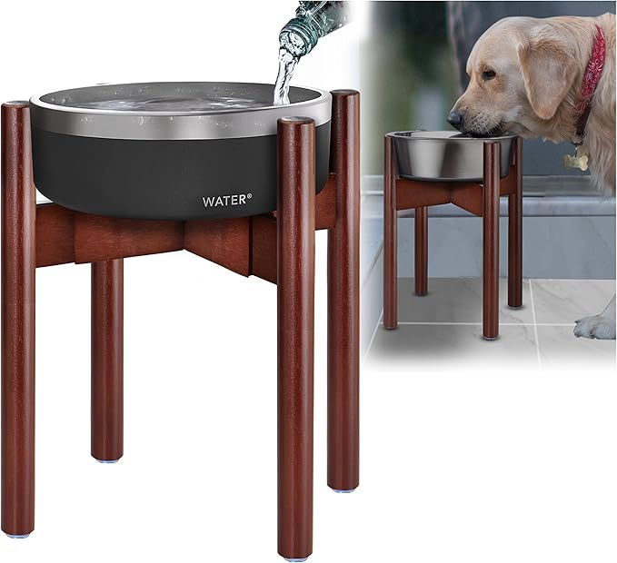 Stand for Dog Water/Food Bowl, Fountain Dishes and Feeders - Makes 14-inch High, Ideal for Large Breeds - Adjustable Sideways with Lock, Dark Wood - Bowls Not Included-Mewly Pet