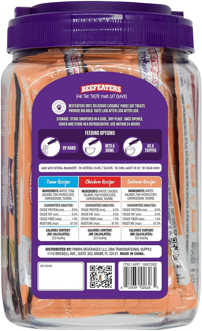 Beefeaters Cat Treats Variety Pack Lickable Puree 48ct – Salmon, Tuna & Chicken, Grain-Free, Taurine-Enriched, Ideal for Training & Interactive Feeding-Mewly Pet
