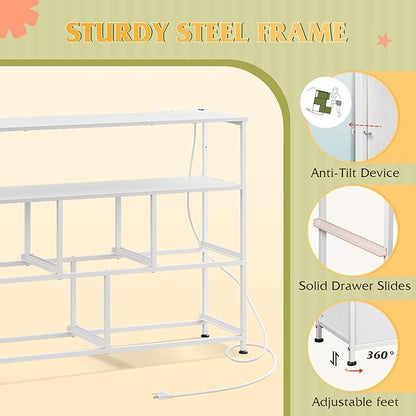 WLIVE White Dresser for Bedroom, 5 Drawer Dressers with Charging Station, Fabric Chest of Drawers with Open Shelves, Storage Dresser for Living Room, Closet, Entryway