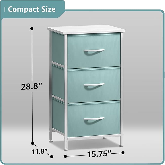 Sorbus Nightstand with 3 Drawers - Bedside Furniture & Accent End Table Chest for Home, Bedroom Accessories, Office, College Dorm, Steel Frame, Wood Top, Pastel Fabric Bins (Aqua)